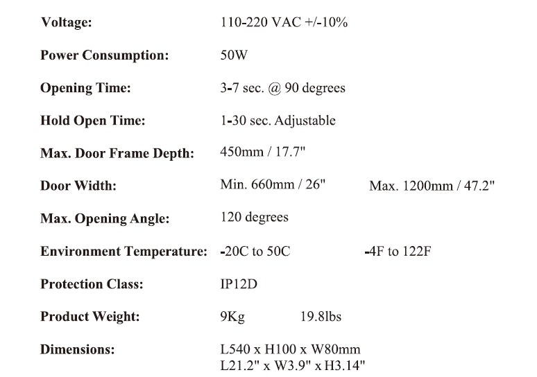 olide 120BB automatic swing door opener technical specifications